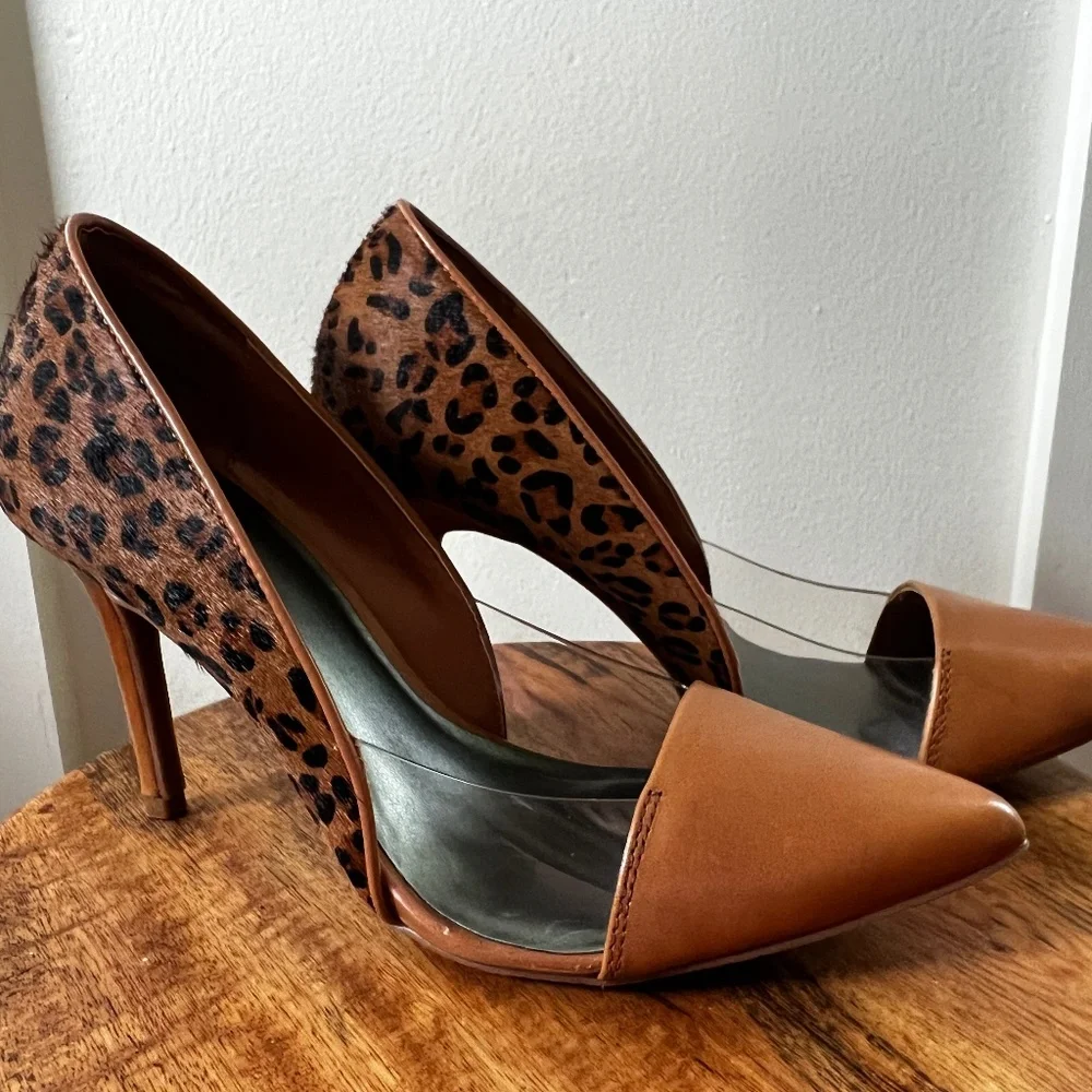 Levity Leopard + Caramel Leather + See-Through Panel Heels Mirage Animal Pumps - Picture 2 of 13